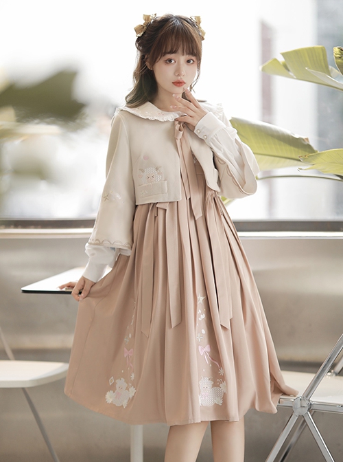 Little Sheep Series Pink Doll Collar Embroidered Chinese Elements Pleated Hem Classic Lolita Autumn Winter Long Sleeves Dress Set