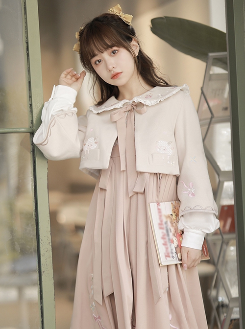 Little Sheep Series Pink Doll Collar Embroidered Chinese Elements Pleated Hem Classic Lolita Autumn Winter Long Sleeves Dress Set