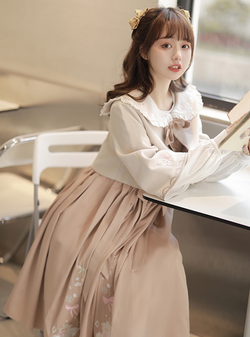 Little Sheep Series Pink Doll Collar Embroidered Chinese Elements Pleated Hem Classic Lolita Autumn Winter Long Sleeves Dress Set