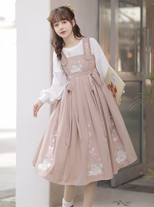 Little Sheep Series Pink Doll Collar Embroidered Chinese Elements Pleated Hem Classic Lolita Autumn Winter Long Sleeves Dress Set