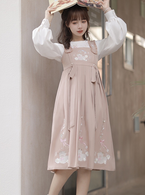 Little Sheep Series Pink Doll Collar Embroidered Chinese Elements Pleated Hem Classic Lolita Autumn Winter Long Sleeves Dress Set