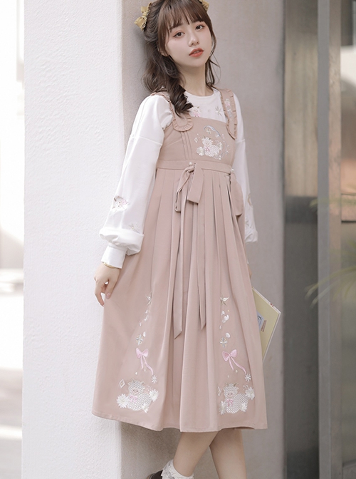 Little Sheep Series Pink Doll Collar Embroidered Chinese Elements Pleated Hem Classic Lolita Autumn Winter Long Sleeves Dress Set