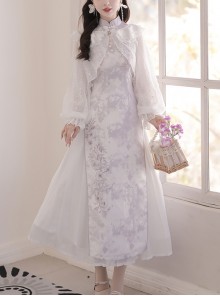 White Jacquard Long-Sleeve Coat Purple Printed Stand-Up Collar Qipao Chinese Elements Classic Lolita Sleeveless Dress Set