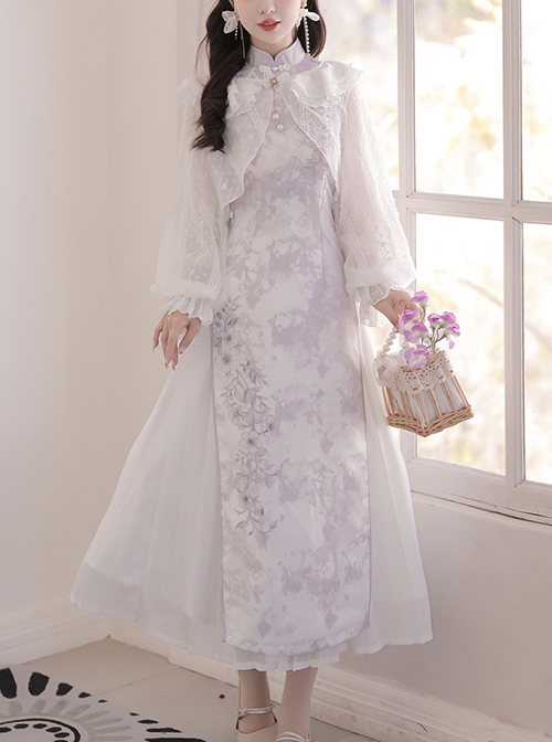 White Jacquard Long-Sleeve Coat Purple Printed Stand-Up Collar Qipao Chinese Elements Classic Lolita Sleeveless Dress Set