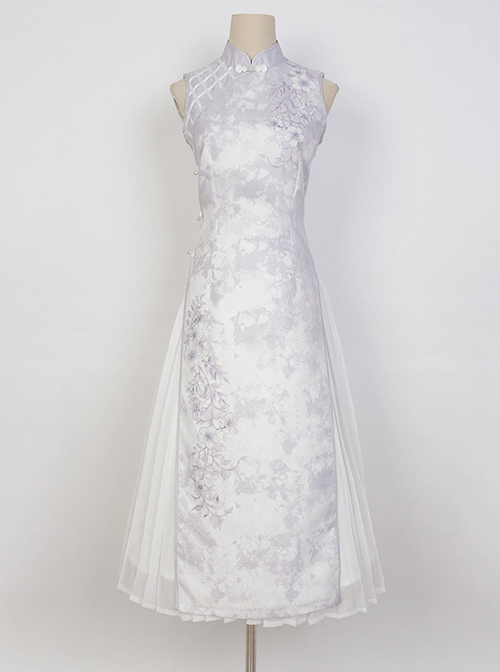 White Jacquard Long-Sleeve Coat Purple Printed Stand-Up Collar Qipao Chinese Elements Classic Lolita Sleeveless Dress Set