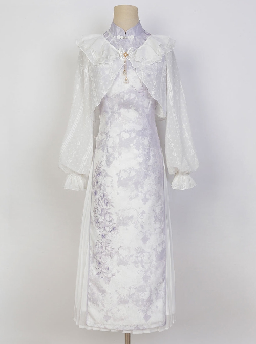 White Jacquard Long-Sleeve Coat Purple Printed Stand-Up Collar Qipao Chinese Elements Classic Lolita Sleeveless Dress Set