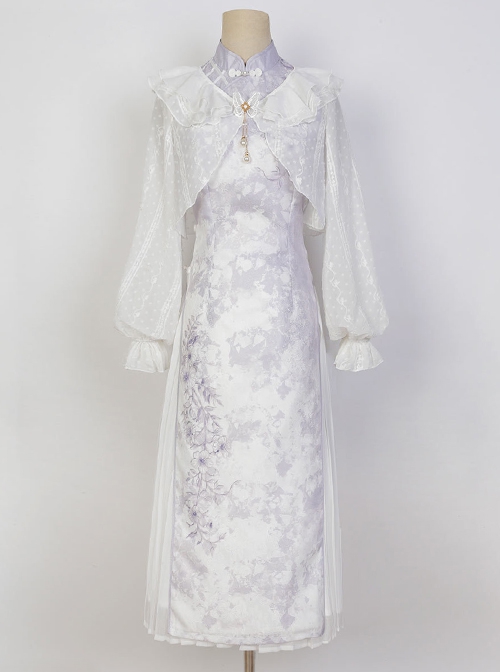 White Jacquard Long-Sleeve Coat Purple Printed Stand-Up Collar Qipao Chinese Elements Classic Lolita Sleeveless Dress Set