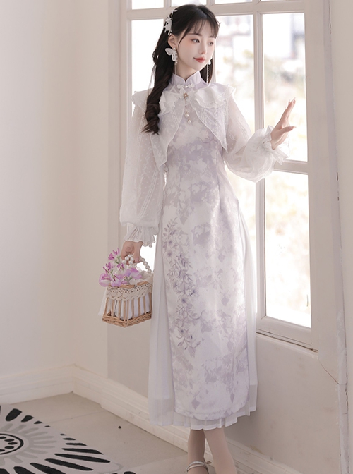 White Jacquard Long-Sleeve Coat Purple Printed Stand-Up Collar Qipao Chinese Elements Classic Lolita Sleeveless Dress Set