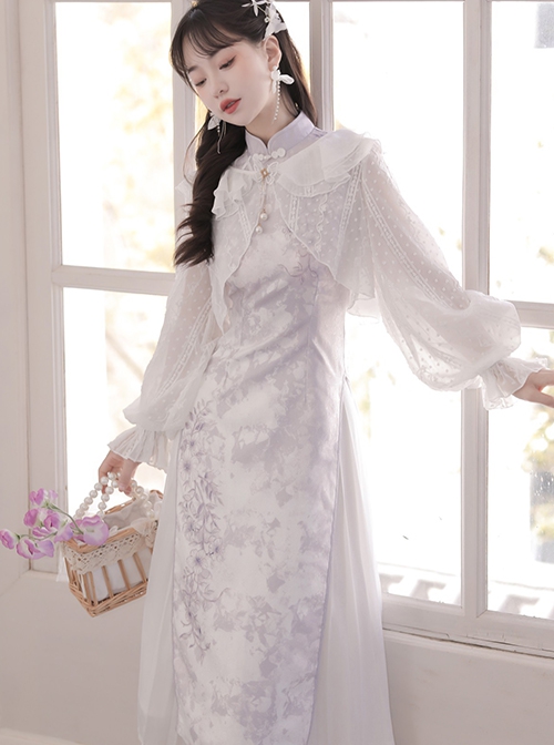 White Jacquard Long-Sleeve Coat Purple Printed Stand-Up Collar Qipao Chinese Elements Classic Lolita Sleeveless Dress Set