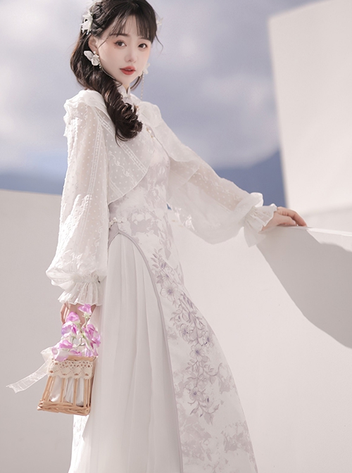 White Jacquard Long-Sleeve Coat Purple Printed Stand-Up Collar Qipao Chinese Elements Classic Lolita Sleeveless Dress Set