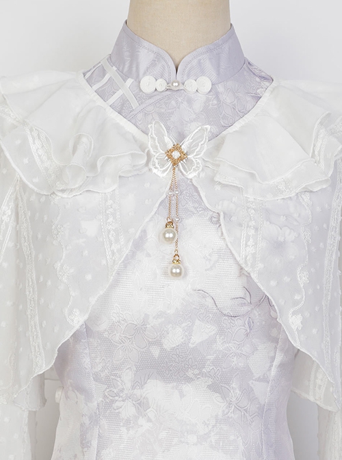 White Jacquard Long-Sleeve Coat Purple Printed Stand-Up Collar Qipao Chinese Elements Classic Lolita Sleeveless Dress Set
