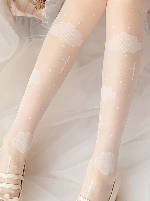 White Cloud Unicorn Print Summer Thin Breathable Classic Lolita Long Socks