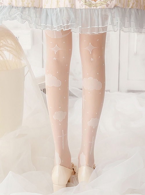 White Cloud Unicorn Print Summer Thin Breathable Classic Lolita Long Socks