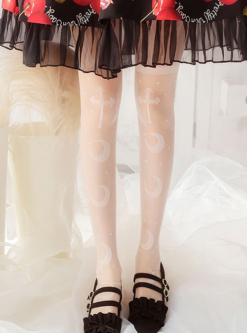 Holy Night Lunar Eclipse Series Summer Thin Cross Moon Polka Dot Print Classic Lolita Long Socks