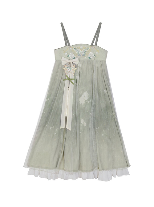 Butterfly Fun Series Chinese Elements White Chiffon Long Sleeve Top Green Fresh Sweet JSK Classic Lolita Sleeveless Dress Set