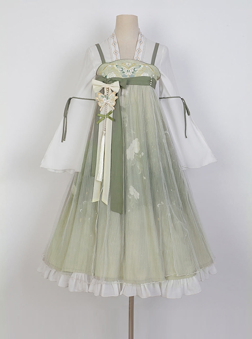 Butterfly Fun Series Chinese Elements White Chiffon Long Sleeve Top Green Fresh Sweet JSK Classic Lolita Sleeveless Dress Set