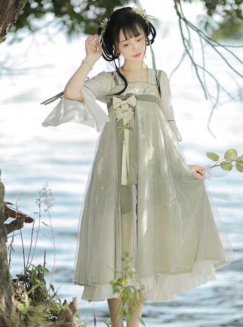 Butterfly Fun Series Chinese Elements White Chiffon Long Sleeve Top Green Fresh Sweet JSK Classic Lolita Sleeveless Dress Set