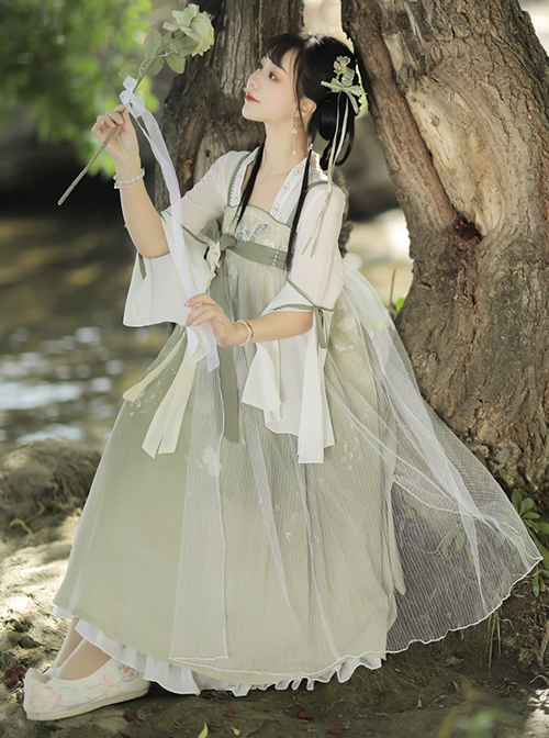 Butterfly Fun Series Chinese Elements White Chiffon Long Sleeve Top Green Fresh Sweet JSK Classic Lolita Sleeveless Dress Set