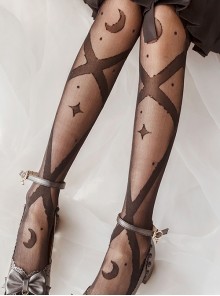 Star Moon Interweaving Series Pure Color Star Moon Printing Thin Daily All-Match Classic Lolita Long Socks