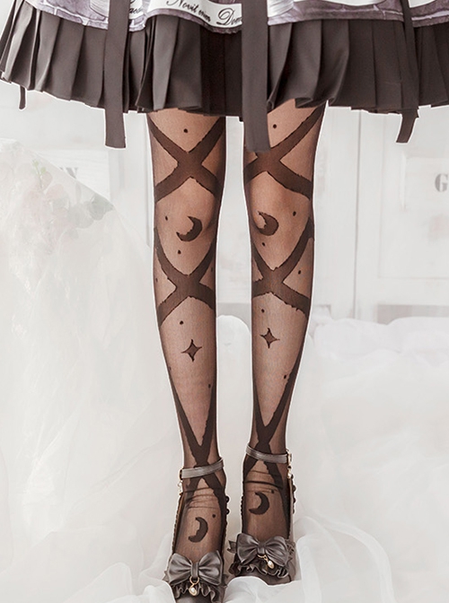 Star Moon Interweaving Series Pure Color Star Moon Printing Thin Daily All-Match Classic Lolita Long Socks