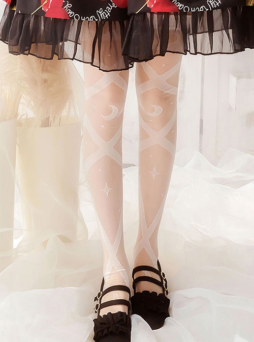 Star Moon Interweaving Series Pure Color Star Moon Printing Thin Daily All-Match Classic Lolita Long Socks