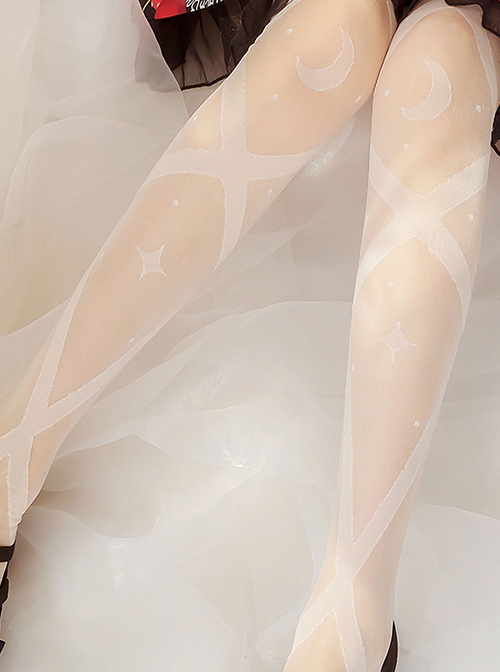 Star Moon Interweaving Series Pure Color Star Moon Printing Thin Daily All-Match Classic Lolita Long Socks