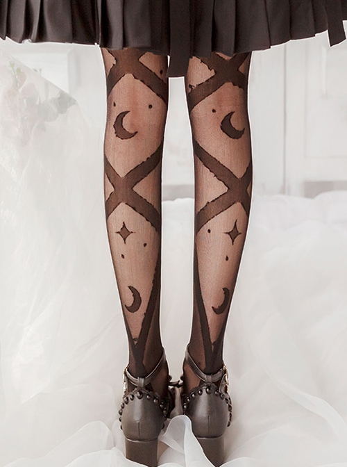 Star Moon Interweaving Series Pure Color Star Moon Printing Thin Daily All-Match Classic Lolita Long Socks