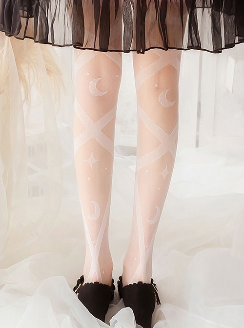 Star Moon Interweaving Series Pure Color Star Moon Printing Thin Daily All-Match Classic Lolita Long Socks