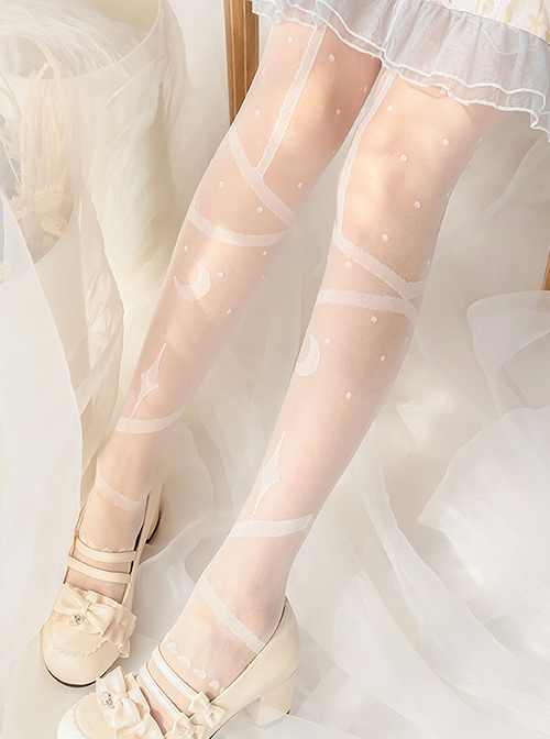 Moon Star Church Series White Moon Star Ribbon Printing Summer All-Match Classic Lolita Long Socks