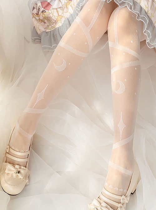 Moon Star Church Series White Moon Star Ribbon Printing Summer All-Match Classic Lolita Long Socks