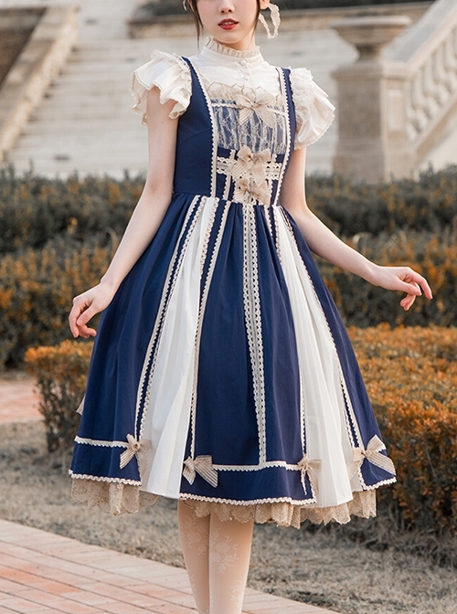 Navy Blue Lace Bow Elegant Color Contrast Vintage JSK Classic Lolita Sleeveless Dress Set