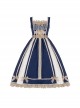 Navy Blue Lace Bow Elegant Color Contrast Vintage JSK Classic Lolita Sleeveless Dress Set