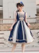 Navy Blue Lace Bow Elegant Color Contrast Vintage JSK Classic Lolita Sleeveless Dress Set