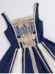 Navy Blue Lace Bow Elegant Color Contrast Vintage JSK Classic Lolita Sleeveless Dress Set