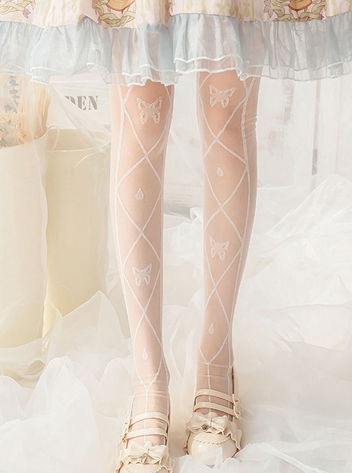 Thin Classic Lolita Summer Ribbon Butterfly Print Daily All-Match Long Socks