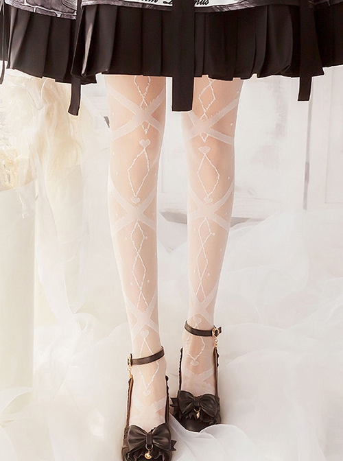 Star Wind Interweave Series Ribbon Printing Sweet White Classic Lolita Summer Thin Long Socks