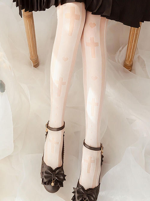 Pure Color Love Cross Print Classic Lolita Thin Long Socks