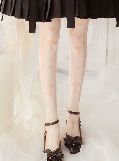 Pure Color Love Cross Print Classic Lolita Thin Long Socks