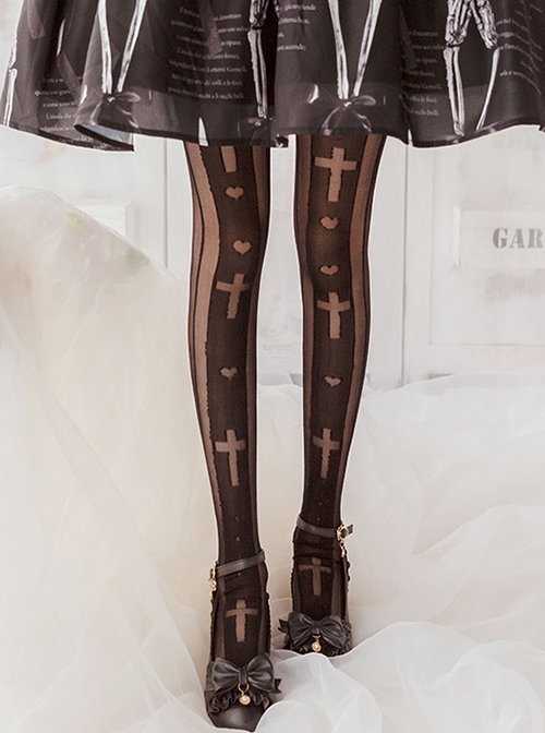 Pure Color Love Cross Print Classic Lolita Thin Long Socks