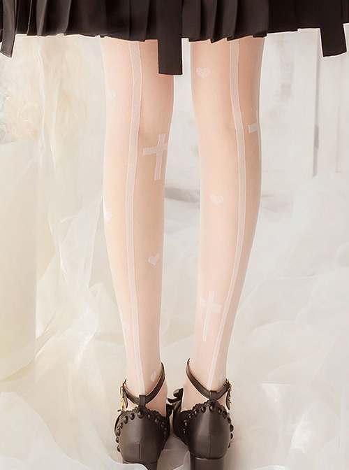 Pure Color Love Cross Print Classic Lolita Thin Long Socks