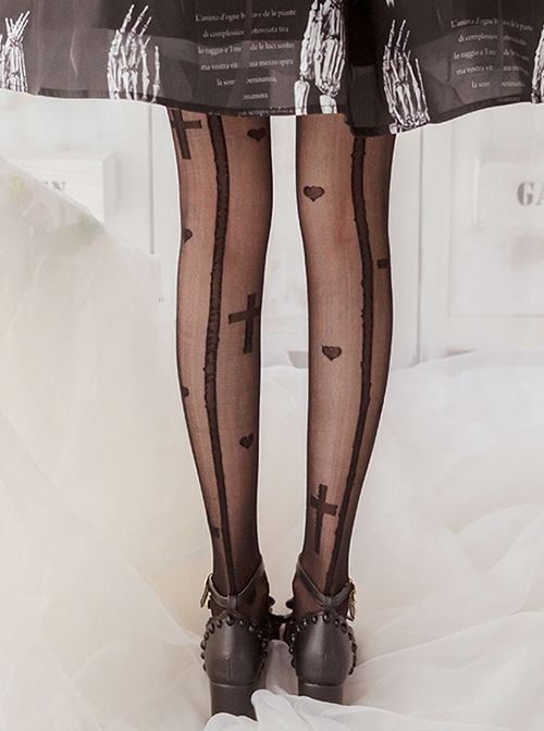 Pure Color Love Cross Print Classic Lolita Thin Long Socks