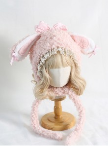 Pure Color Cute Bowknot Lace Rabbit Ears Winter Keep Warm Sweet Lolita Hat