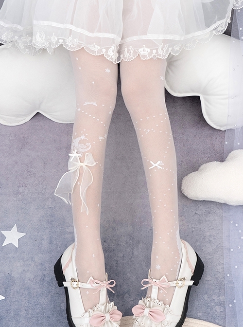 Pure Color Moon Flower Print Stereoscopic Bowknot Decoration Gorgeous Sweet Classic Lolita Summer Pantyhose