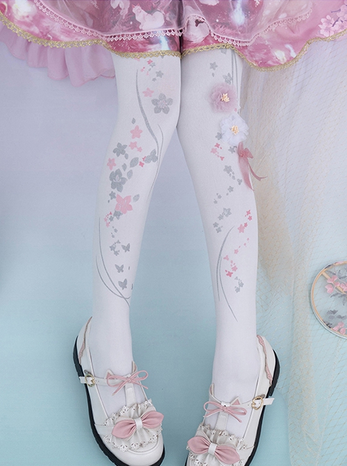 Gorgeous Stereoscopic Flower Decoration Handwork Peach Blossom Printing Chinese Style Pure Color Classic Lolita Pantyhose