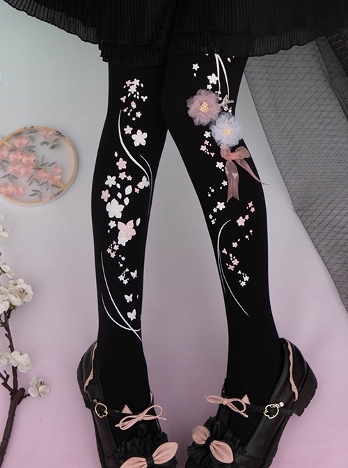 Gorgeous Stereoscopic Flower Decoration Handwork Peach Blossom Printing Chinese Style Pure Color Classic Lolita Pantyhose