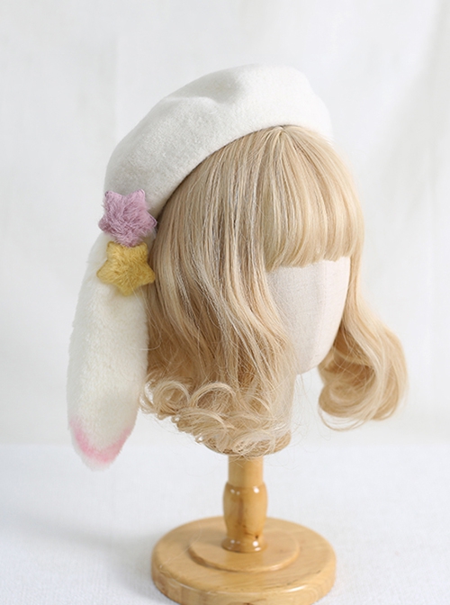 White Spring Beret Macaron Color Stars Rabbit Ears Sweet Lolita Hat