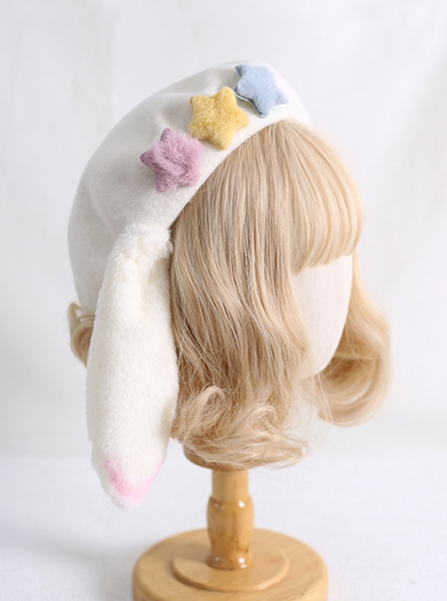 White Spring Beret Macaron Color Stars Rabbit Ears Sweet Lolita Hat