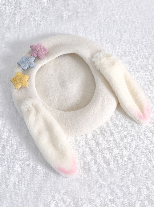 White Spring Beret Macaron Color Stars Rabbit Ears Sweet Lolita Hat