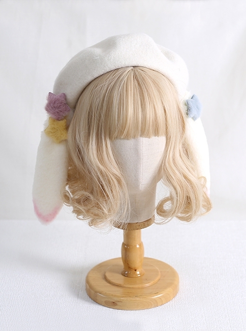 White Spring Cute Rabbit Ear Shape Beret Candy Color Stars Sweet Lolita Kids Hat