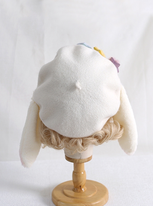 White Spring Cute Rabbit Ear Shape Beret Candy Color Stars Sweet Lolita Kids Hat